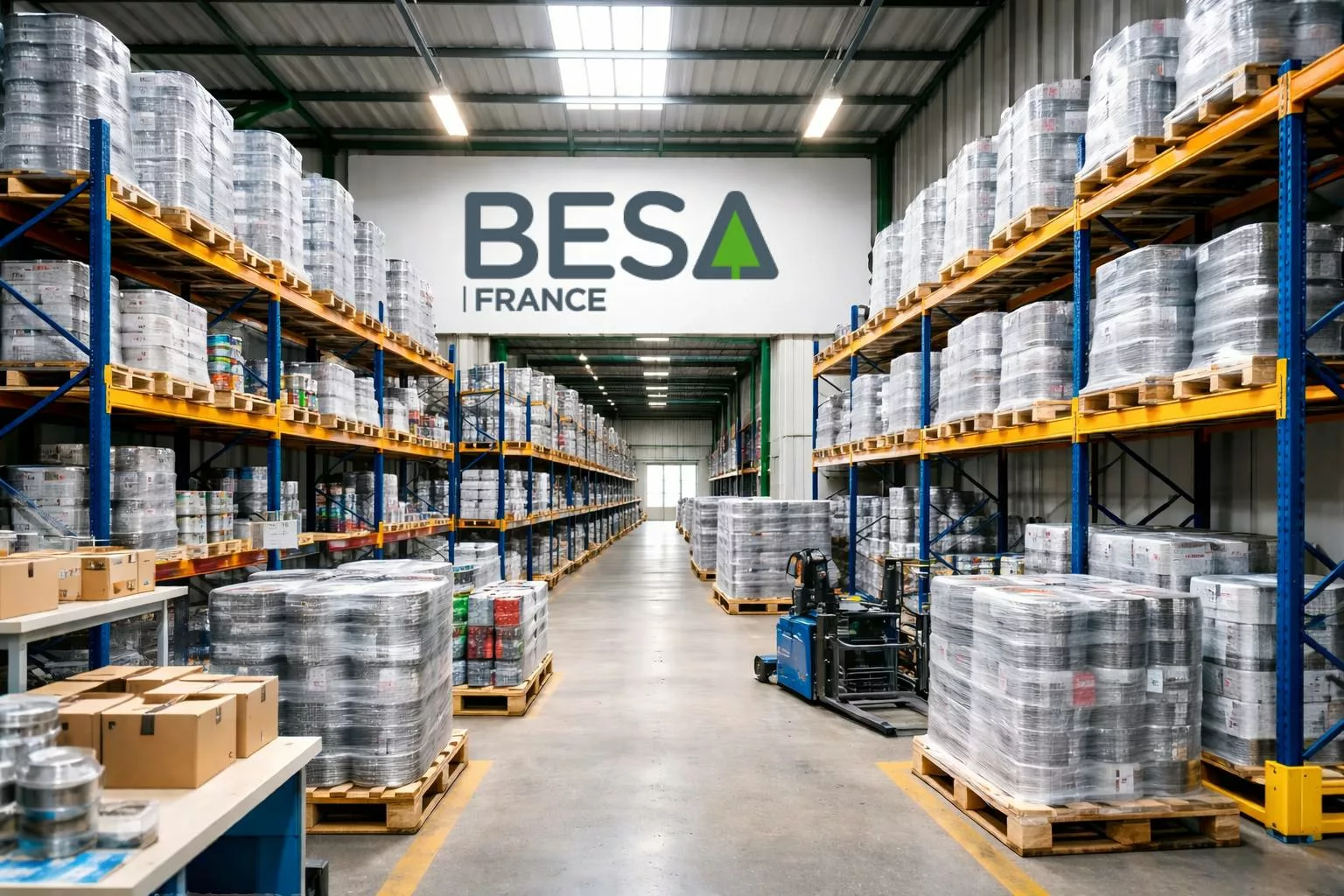 Entrepôt BESA France avec stockage et préparation logistique de peintures industrielles pour une livraison en 24h