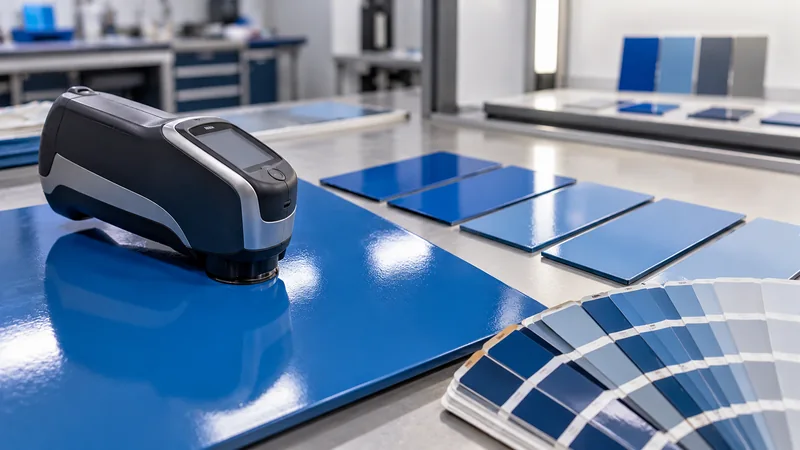 Spectrophotomètre mesurant la teinte d'un panneau d'acier laqué bleu, avec échantillons de peinture et nuancier dans un laboratoire de colorimétrie industrielle. Copier