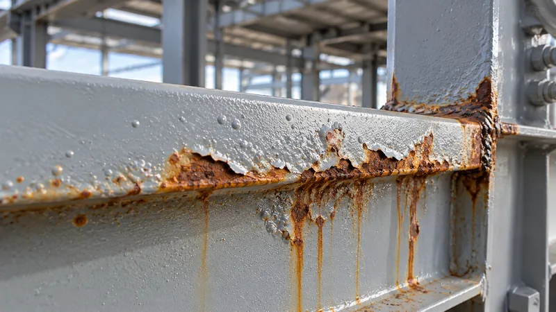 Peinture anticorrosion cloquée et écaillée sur une poutre en acier, avec coulures de rouille le long d'une soudure et d'une arête métallique.