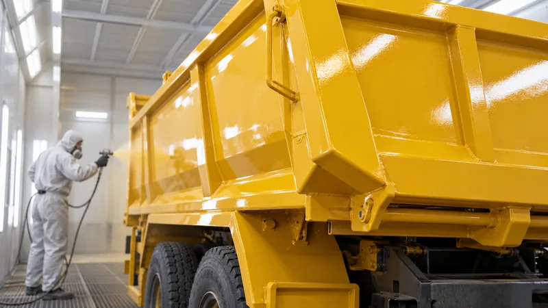 Benne de travaux publics en acier repeinte en jaune brillant dans un atelier de carrosserie industrielle, avec application de peinture au pistolet. Copier